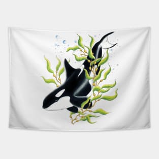 Orca Whale in Kelp forest Ink drawing Tapestry