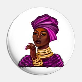 Queen Black is beautiful iii black girl with Gold bangles, neck ring necklace, purple dress and head wrap, brown eyes and dark brown skin ! Pin
