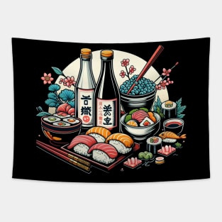 Sushi & Sake Elegance - Artistic Japanese Cuisine Tapestry