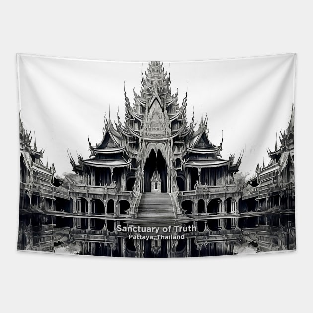 Thailand: Sanctuary of Truth, Pattaya, Thailand on a light (knocked out) background Tapestry by Puff Sumo