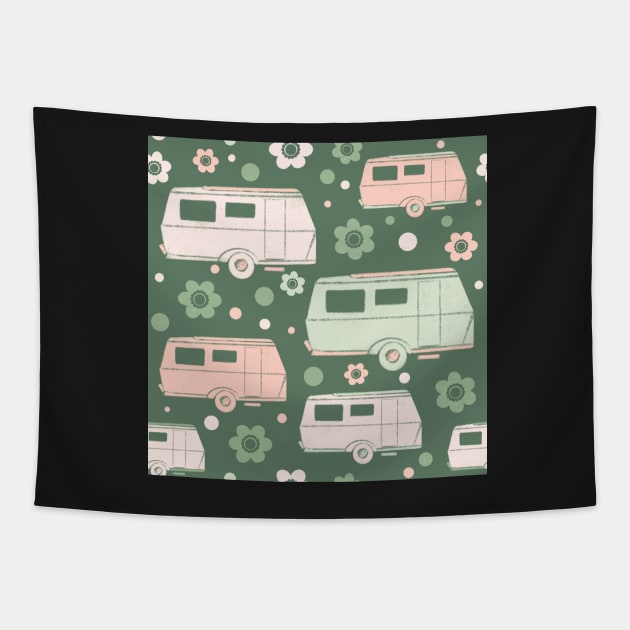 Green And Pink Vintage Caravans and Flowers Pattern Tapestry by NattyDesigns