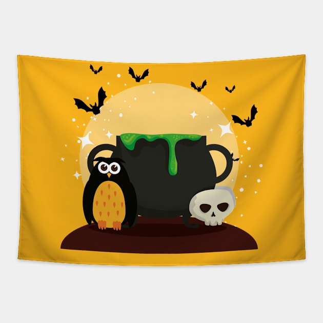 Halloween card with cauldron & owl Tapestry by Thumthumlam