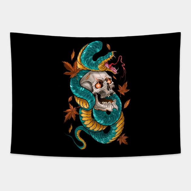 Japanese Tattoo Style Skull and Snake Tapestry by Eugenex