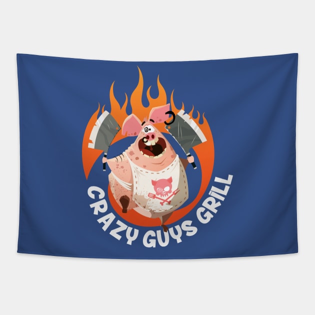 Crazy Guys Grill Pig Tapestry by radbadchad