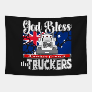 GOD BLESS THE TRUCKERS - THANK YOU, TRUCKERS - AUSTRALIA FLAG WITH HEARTS - FREEDOM CONVOY CANBERRA - WHITE LETTER DESIGN Tapestry