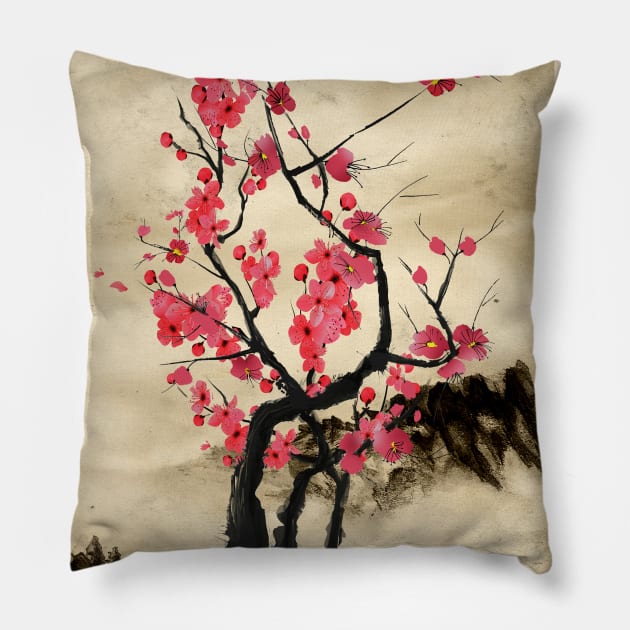 Sumie cherry tree Pillow by MCAshe spiritual art 