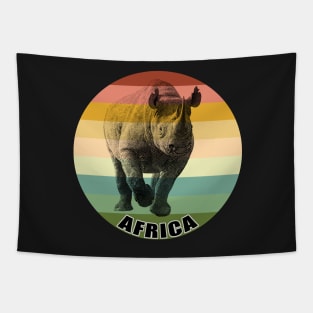 Black Rhino Full Figure on Vintage Retro Africa Sunset Tapestry