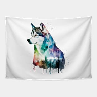 Rainbow Forest Siberian Husky Watercolor Art Tapestry