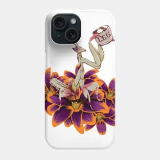 Original White and purple Praying Mantis on orange and Purple Tulips sipping on some Tea. Phone Case