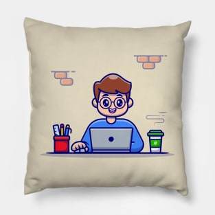 Man Working On Laptop With Coffee And Stationary Pillow