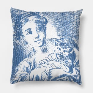 A Young Girl holding a Cat by 18th century French Artist  Louis Marin Bonnet Polka Hexagonal Honeycomb Fill Pillow