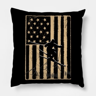 Vintage Skiing Us Flag Pillow