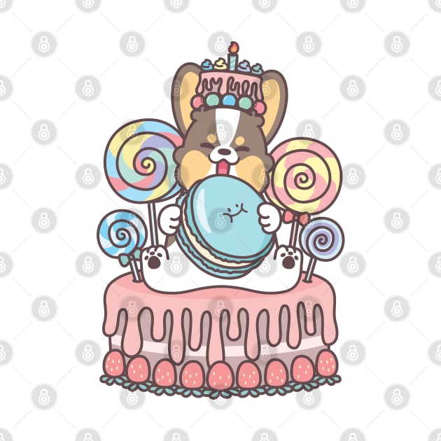 Birthday Celebration Sweets Macaron Cake with Tricoloured Corgi by XEENYEE