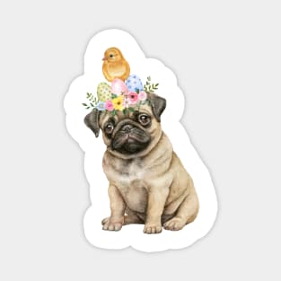 Sweet baby pug wit easter wreath and lttle yellow chicken on the head Magnet