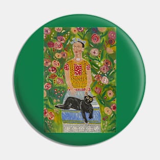 Frida Kahlo and Her Black Cat among Roses Pin