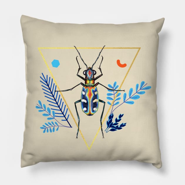 Tiger Beetle Art Pillow by techno-mantis