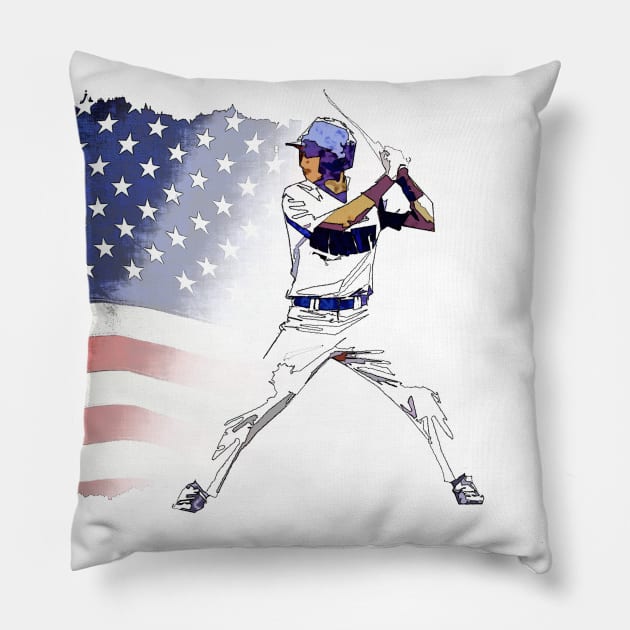 Batter Up! - Baseball Player and USA Flag Pillow by Highseller