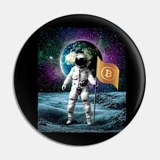 Astronaut with bitcoin flag in moon landing  background Pin