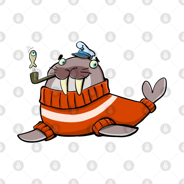 walrus dressed in the style of a North Sea captain in a thick sweater by duxpavlic