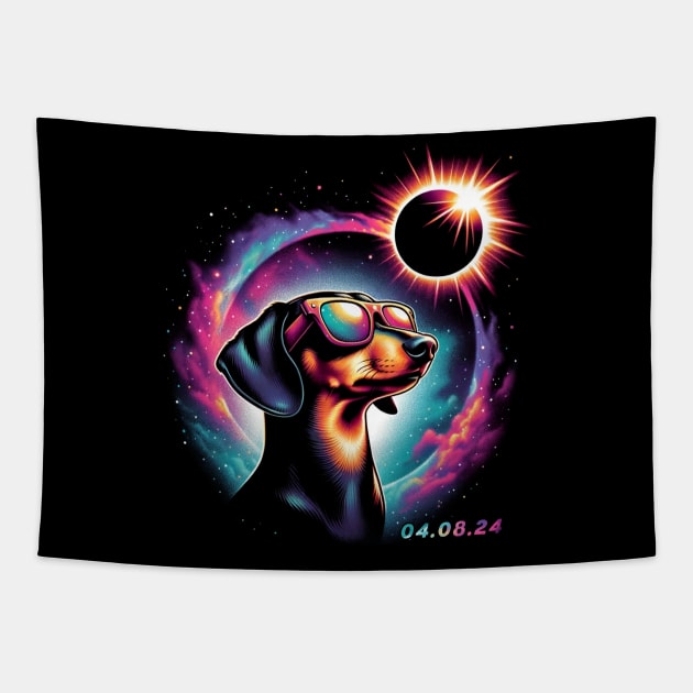 Celestial Dachshund Eclipse: Trendy Tee for Wiener Dog Enthusiasts Tapestry by ArtByJenX