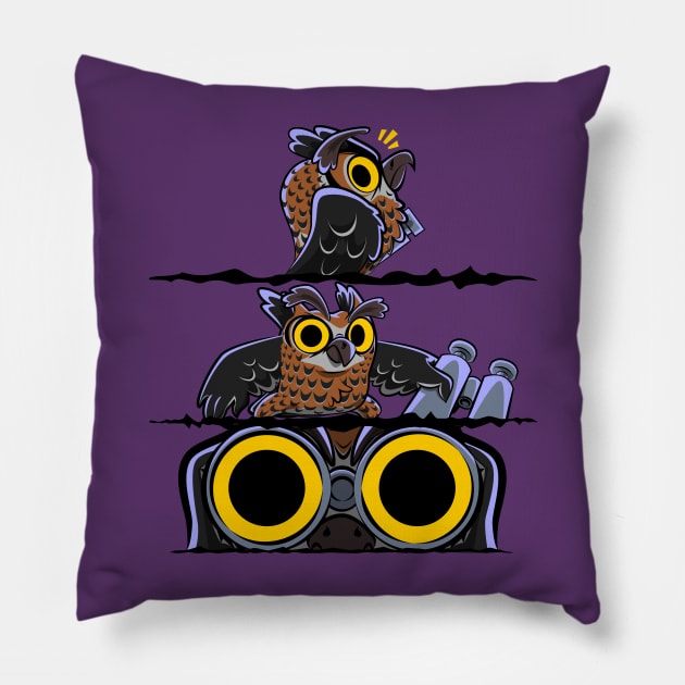 Hoo's There? | Funny Great Horned Owl Eyes Night With Binoculars Comic Pillow by CrocoWulfo