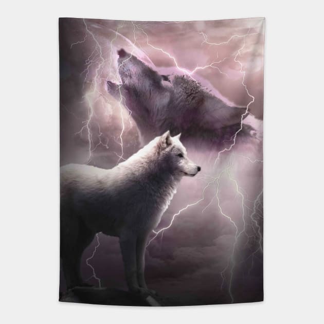 Lightning Wolf Howling At The Moon Tapestry by Random Galaxy