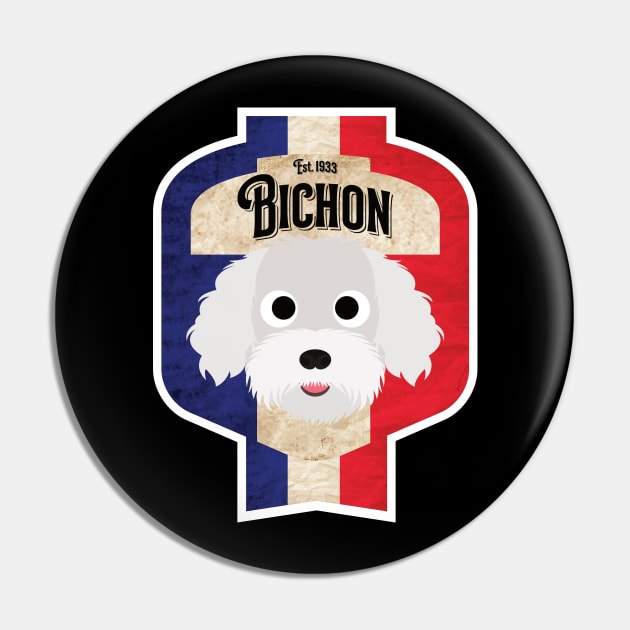 Bichon - Distressed French Bichon Beer Label Design Pin by DoggyStyles