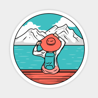 Woman Looking Out at a Lake & Mountains Magnet