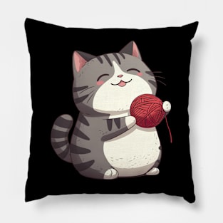 Kawaii Cat and a Ball of Yarn Pillow