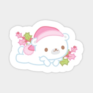 Cute Little White Polar Bear Wearing a Santa Hat Thinking About Christmas Magnet