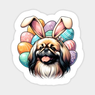 Pekingese Enjoys Easter with Bunny Ears and Eggs Magnet