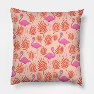 Pink Flamingos with Palm Tree Branches Pattern Pillow