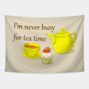 tea time with teapot, cup and cupcake Tapestry