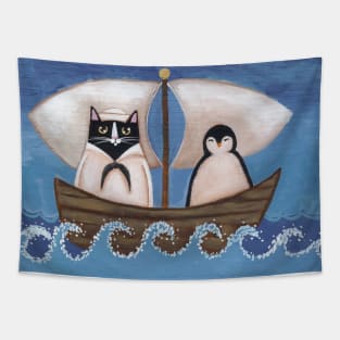 The Sailor Cat and Penguin Tapestry