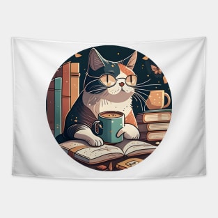 Cat Caffeine Addiction Coffee Reading Book - Love Cats Tapestry