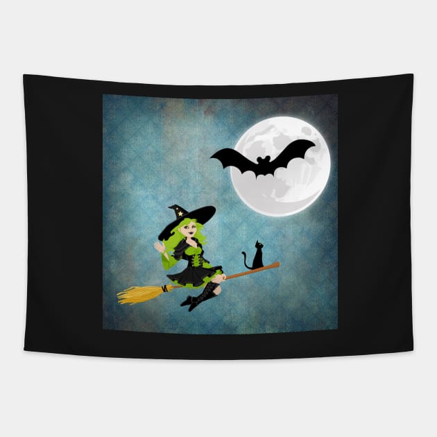 Green Haired Witch Flying on Broom With Cat Tapestry by TNMGRAPHICS