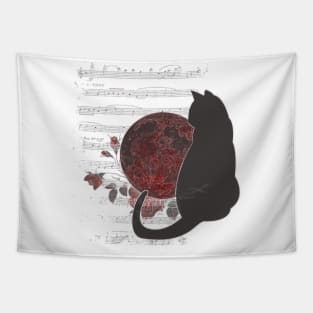 Art, cat, darkness, dark, moon, roses, cats, notes sky, stars, touch, gift, love, romantic, aesthetic, vintage, retro, music, gift, clouds, flowers Tapestry