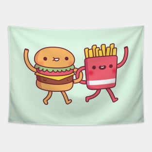 Cute Burger And Fries Linking Arms Besties Tapestry