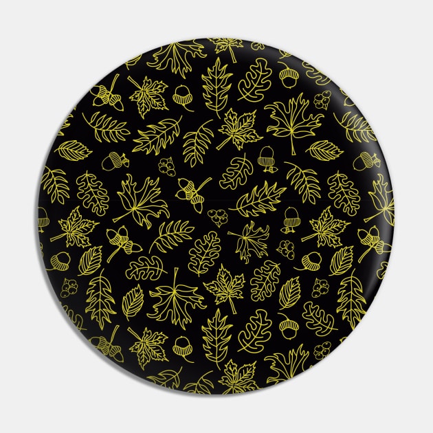 Autumn Doodle Leaves Gold On Black Pin by Sandra Hutter Designs