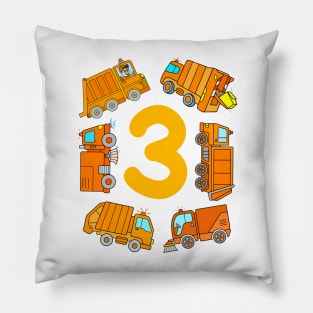 Trash Truck 3rd Birthday Boy Garbage Vehicles 3 Year BDay Pillow