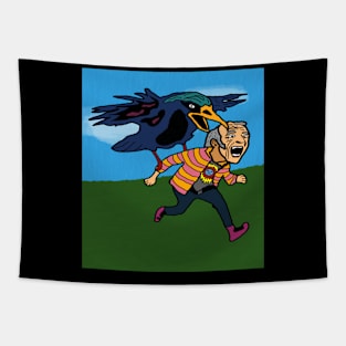 drawing crow chasing man Tapestry