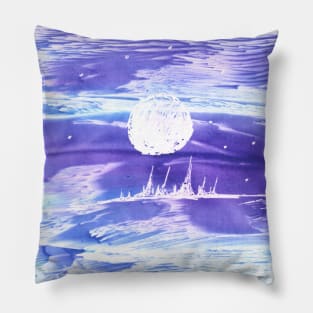 Landscape, moon, full moon, night. Hand drawn color illustration, painting, encaustic, wax. Pillow