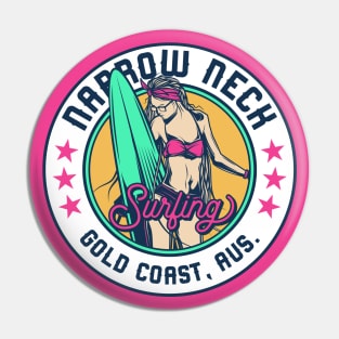 Retro Surfer Babe Badge Narrow Neck Gold Coast Australia Pin