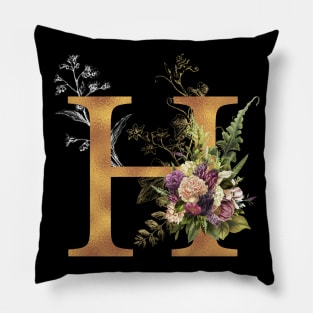 Floral Monogram Golden Letter H First Name Initial Wedding Anniversary Birthday Graduation Halloween Gift Pillow