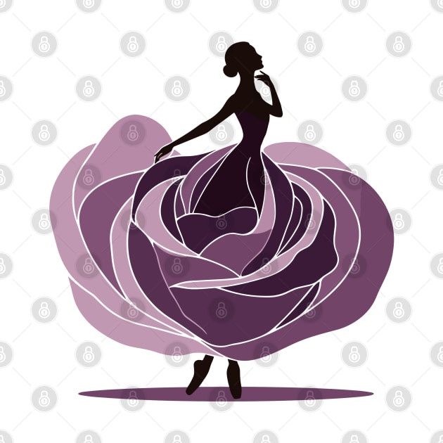 Silhouette of a beautiful ballerina in a purple floral dress, vector illustration, ballet performer by Nora Liak