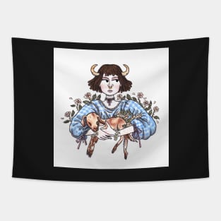 Billie And The Kid cow-girl with baby goat Tapestry