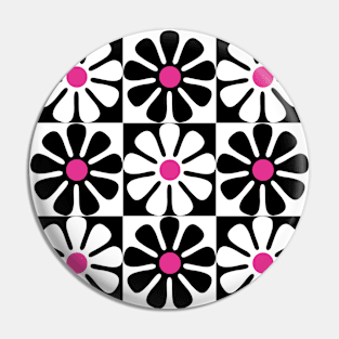 60's Retro Big Flowers in Black, White and Pink Pin