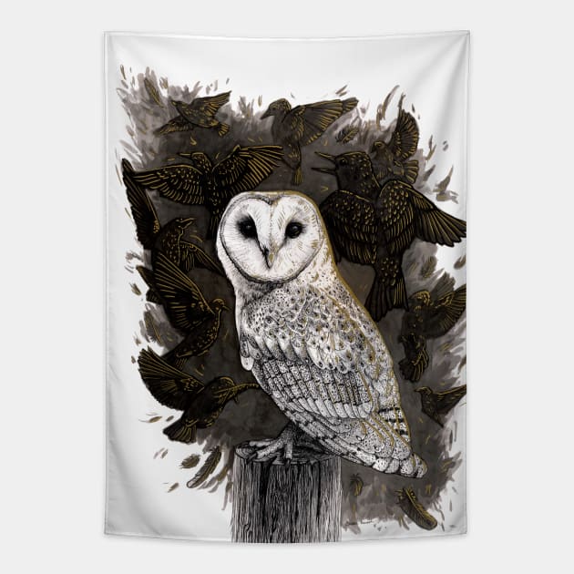 Barn Owl with Golden Starlings Tapestry by Warbler Creative