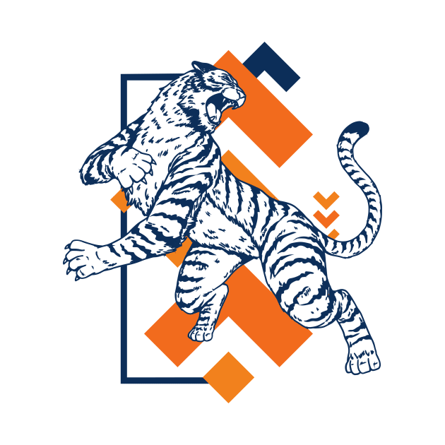 Retro 80s Orange and Navy Tiger on the Attack // Vintage Geometric Shapes Background by SLAG_Creative