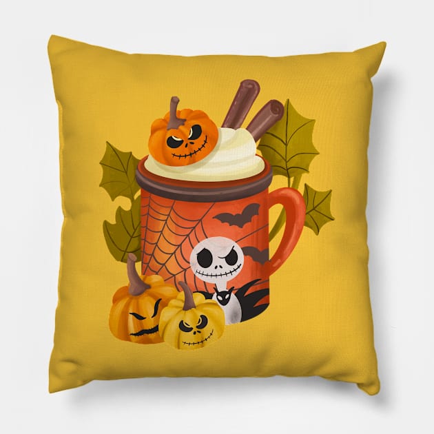 Spooky Halloween Pumpkin Drink Pillow by i am Cuta